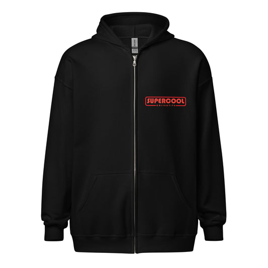Front view of Supercool Collective Unisex Zip-Up Hoodie