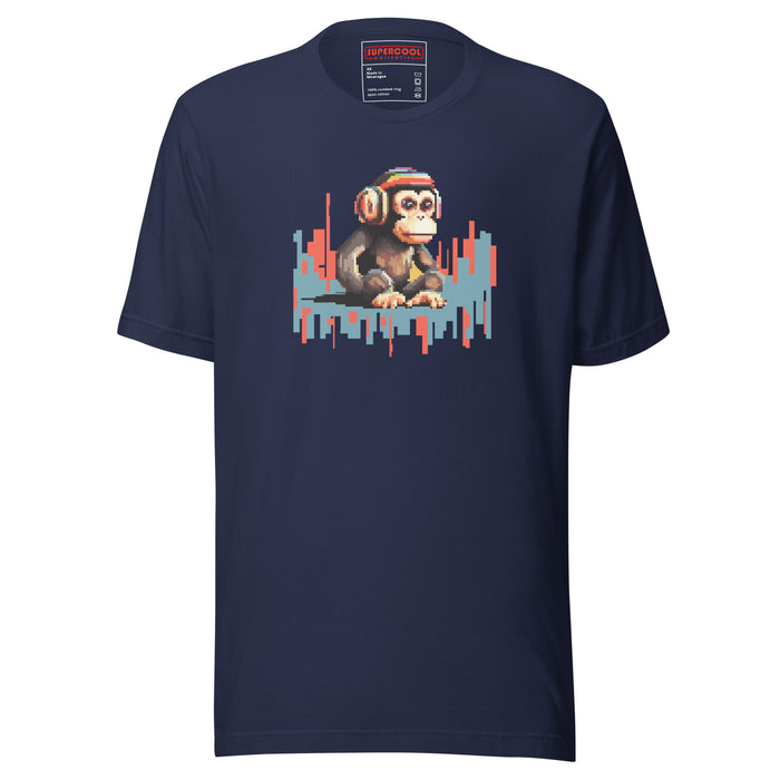 Front View of Navy DJ Monkey T-shirt with a pixelated monkey wearing a DJ headset.